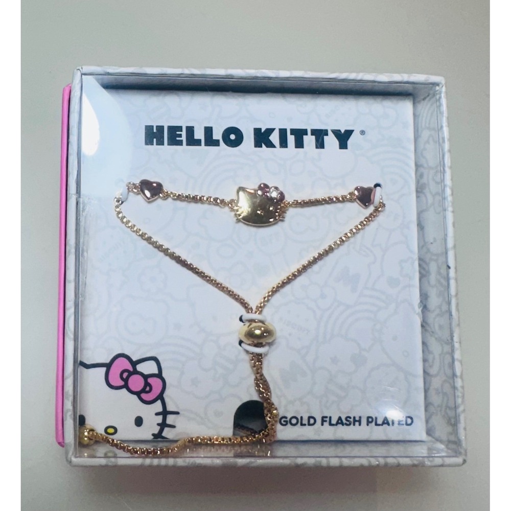 Hello Kitty Gold Flash Plated Adjustable Bolo Bracelet with Hearts & Crystals